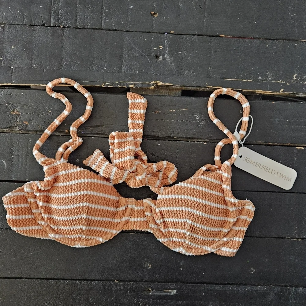 Somerfield Swim NWT Women's XS Orange White Striped Bikini Top Bra Textured